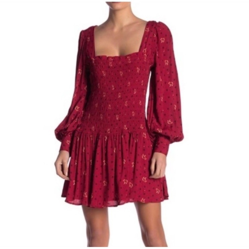 Free People Two Faces Mini Dress Size Small Ruby Red Smocked Long Sleeve Boho